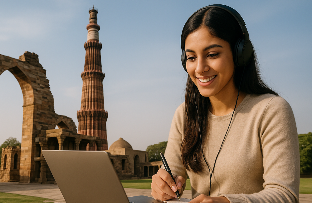 Blog banner showing A Student Studying with Qutub Minar in the background