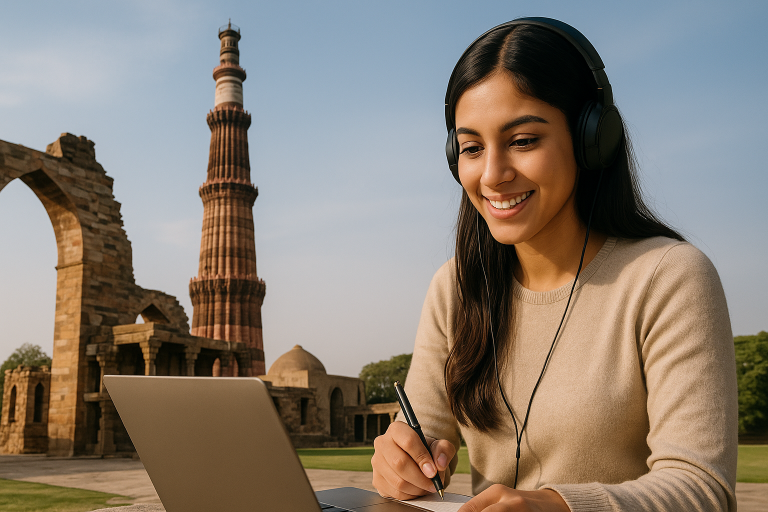 Blog banner showing A Student Studying with Qutub Minar in the background