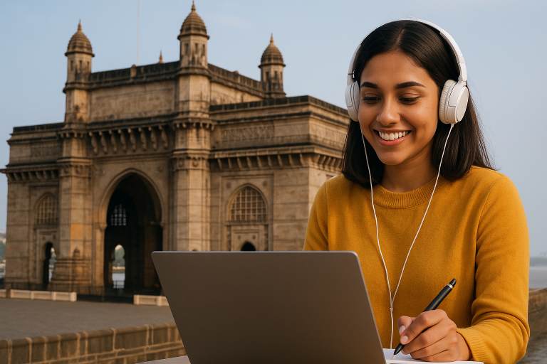 Blog Banner showing a student sitting near Gateway of India and studying
