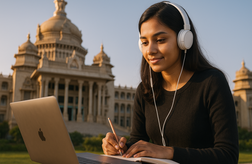 Blog Banner showing a student studying in front of a monument in Bangalore