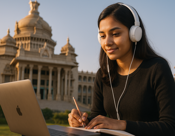 Blog Banner showing a student studying in front of a monument in Bangalore