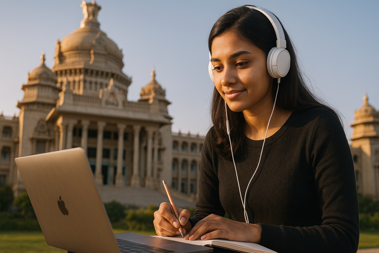 Blog Banner showing a student studying in front of a monument in Bangalore