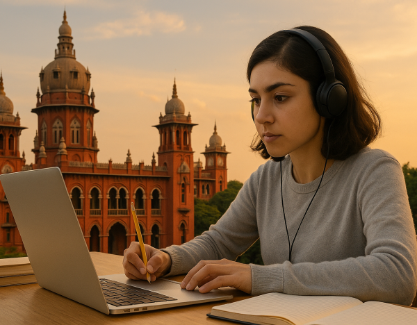 Blog banner showing a student stying with Madras High Court in the background