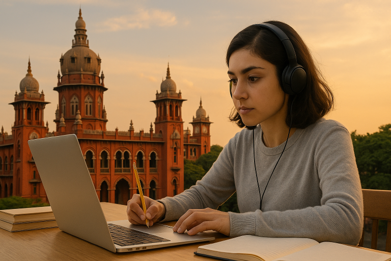 Blog banner showing a student stying with Madras High Court in the background