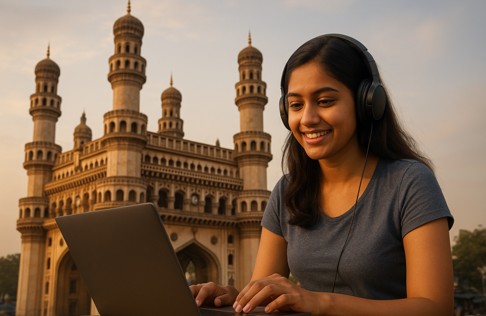 Blog banner showing a student studying with charminar in the background