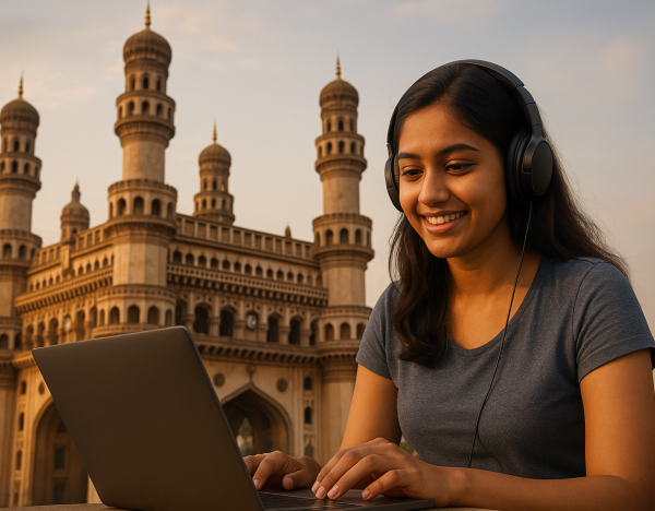 Blog banner showing a student studying with charminar in the background