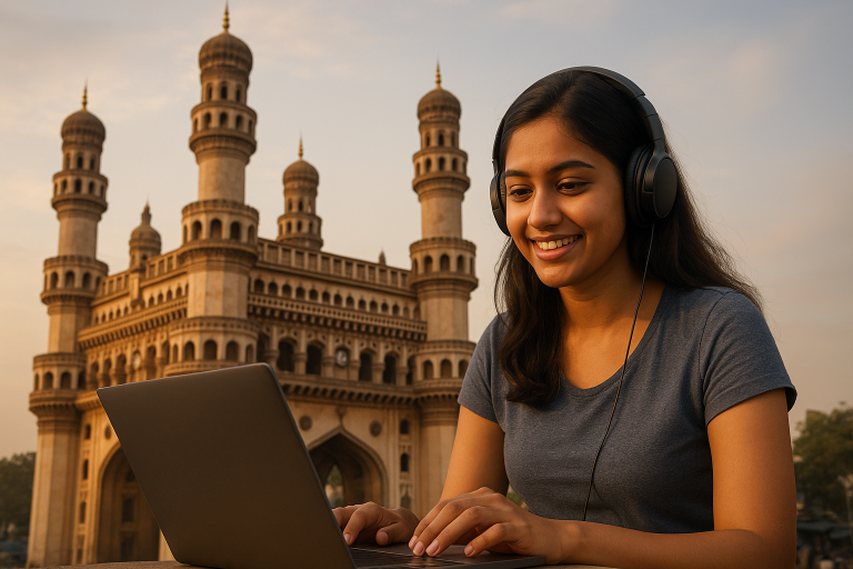 Blog banner showing a student studying with charminar in the background